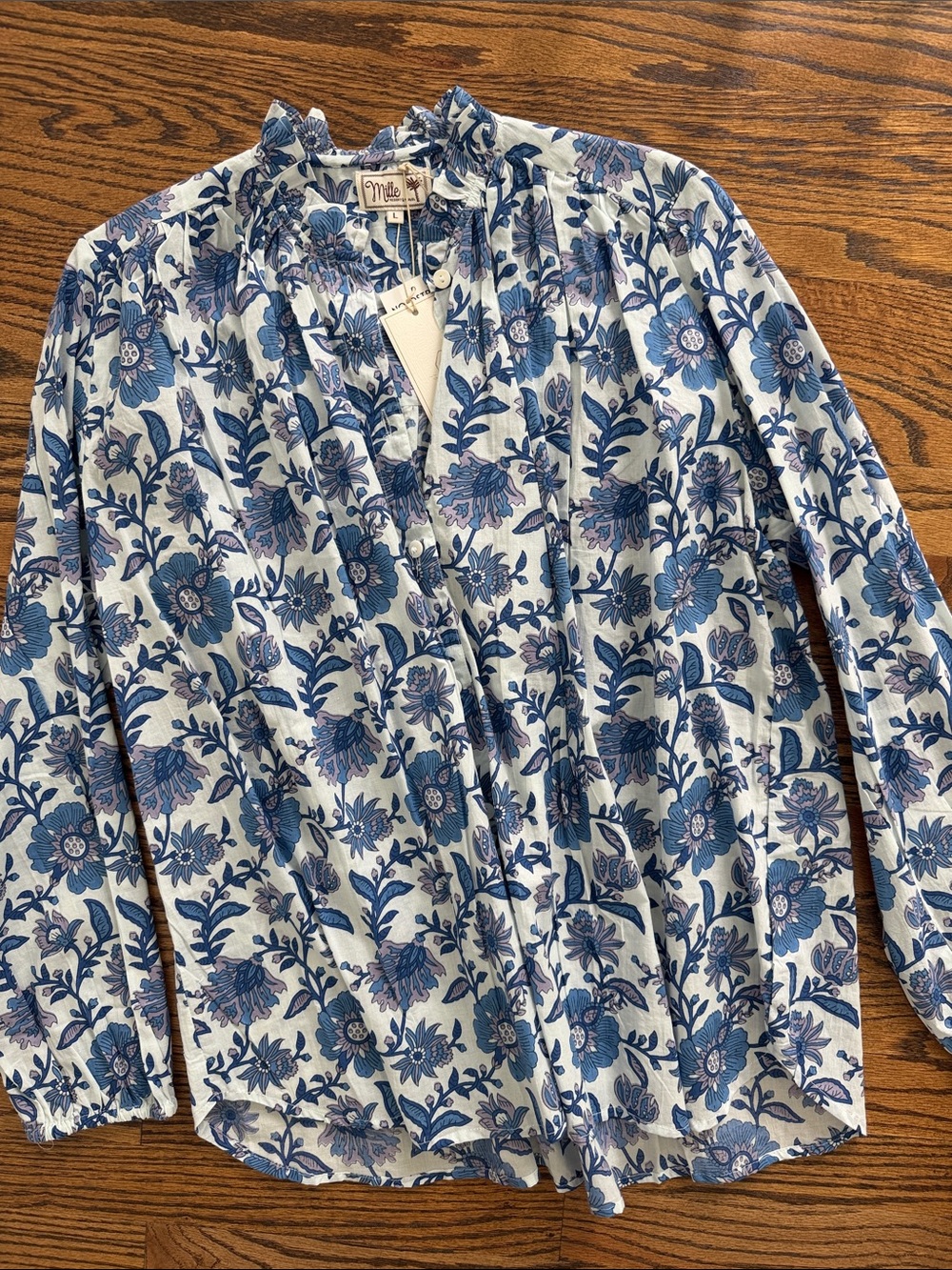 NWT Mille Blue Lavender Floral Blouse Size Large